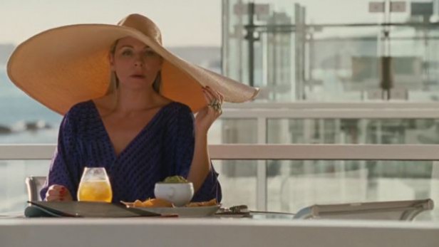 Samantha Jones on her Malibu beach house balcony from the Sex and the City movie. Set design interior design ideas.