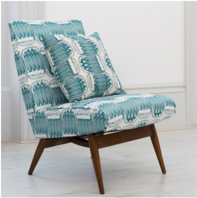 Thornback & Peel Parker Knoll chair in their teal sardine print fabric. Antiques inspired upcycling
