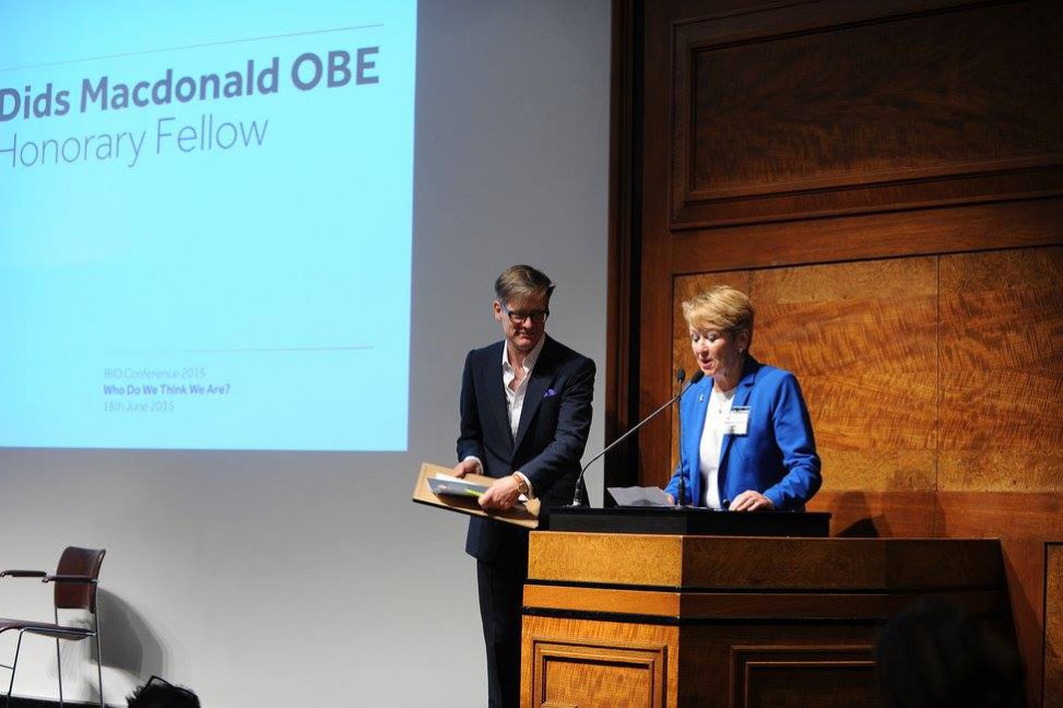 Here is Dids Macdonald OBE onstage accepting her Honorary Fellowship award on stage with BIID president Daniel Hopwood at this year's BIID annual conference.