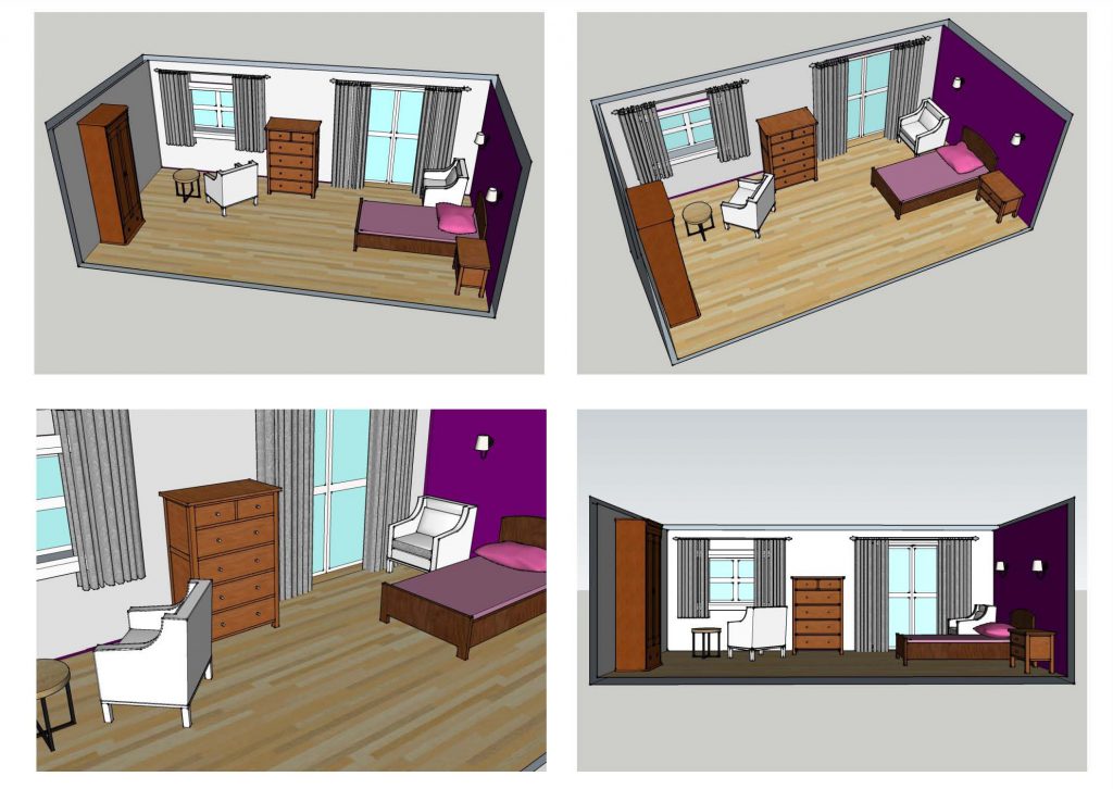 BA Hons Interior Design degree Student Case study Jan Maguire: Concept Views of Bedroom.