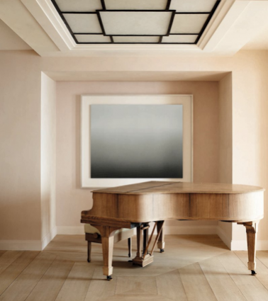 Theme of the Month: Antiques in a Contemporary Context. Vervoordt has paired an antique Steinway piano with a seascape painting by Japanese photographer, Hiroshi Sugimoto in this South of France Villa.