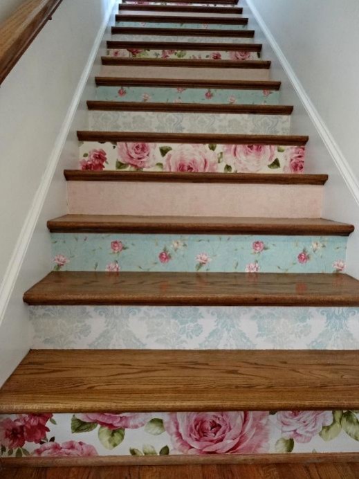 Hallway flooring ideas. PHOTOBUCKET (N/D) wallpaper risers. Create a stenciled stair risers by using a combination of different stencils but use the same colour, or save off cuts of wallpaper and mix colours and patterns to create an eye catching staircase.