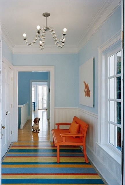 Hallway flooring ideas. HOUSE OF TURQUOISE (2014) striped rug. horizontal striped rugs work well in long narrow spaces giving the illusion of a much wider space.
