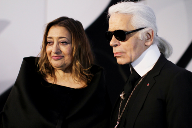 Zaha Hadid with Karl Lagerfeld