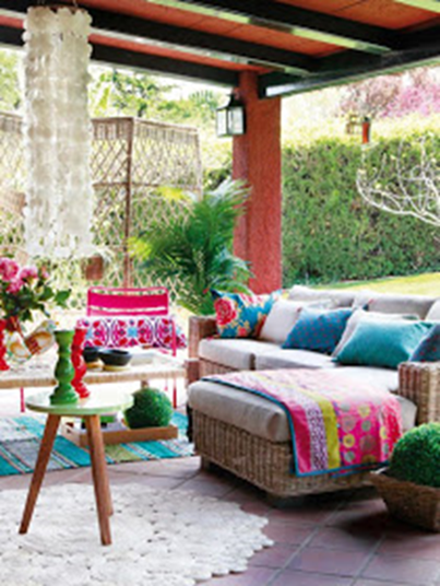 Garden with Pagoda and bright fabrics