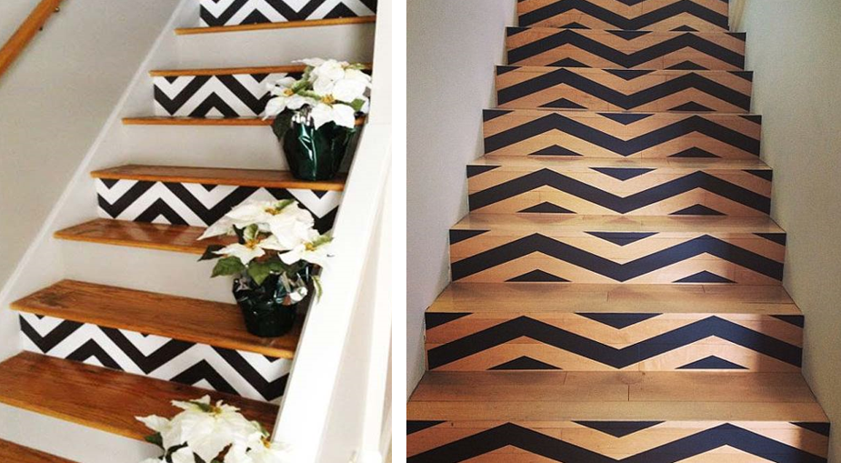 examples of chevron stencils on wooden staircases rises