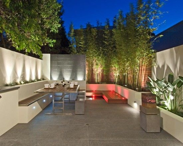 modern outdoor garden with uplighting