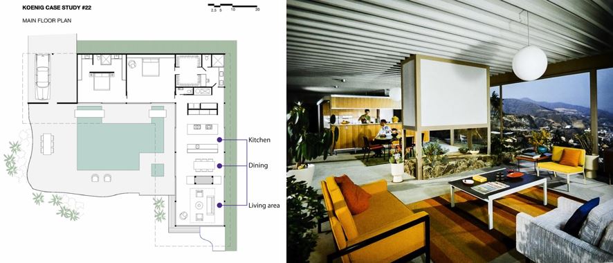 Floor plan and kitchen area - open plan space example
