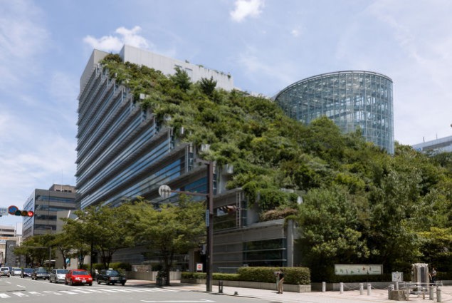 A 14-story, ziggurat-like garden named Step Garden at ACROS Fukuoka, Fukuoka, Japan, by Emilio Ambasz & Associates, 1995