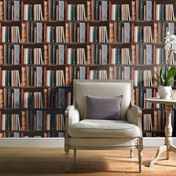 Re-create the ceiling high bookshelves with The Grandeco Library Book Shelf Wallpaper by Go Wallpaper.