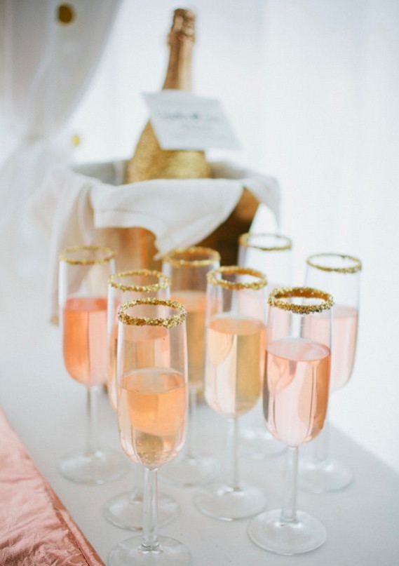 SATC Set Design inspired Interior design inspiration. Gold, edible, Sugar rimmed champagne flutes