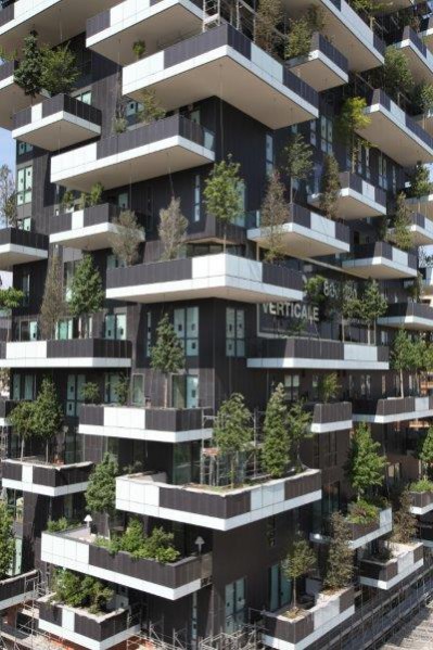  Bosco Verticale, 'Vertical Forest,' Residential tower close-up, located in the centre of Milan and designed by Stefano Boeri Architects the design incorporates a vertical garden into a high-rise building.