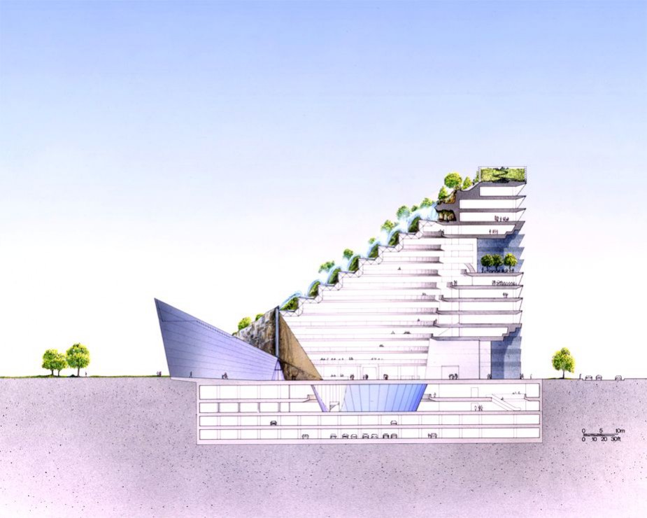 Side view elevation plan of the ACROS Fukuoka Prefectural International Hall design by Emilio Ambasz and Associates.Inc.