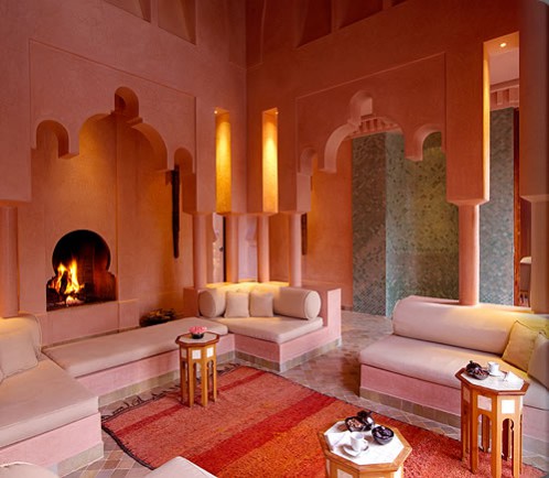 Sex and the City Set Design Interior Design Trends. The luxurious Amanjena Hotel interior in Morocco. Pink living room. 