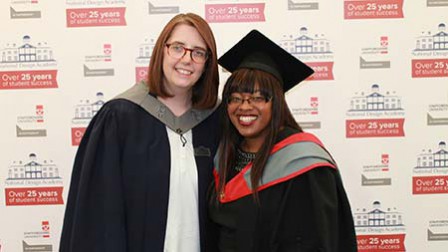 The National Design Academy Interior Design Class of 2015 Graduation Day. Head Tutor Vicky getting a quick picture with a graduating design student.