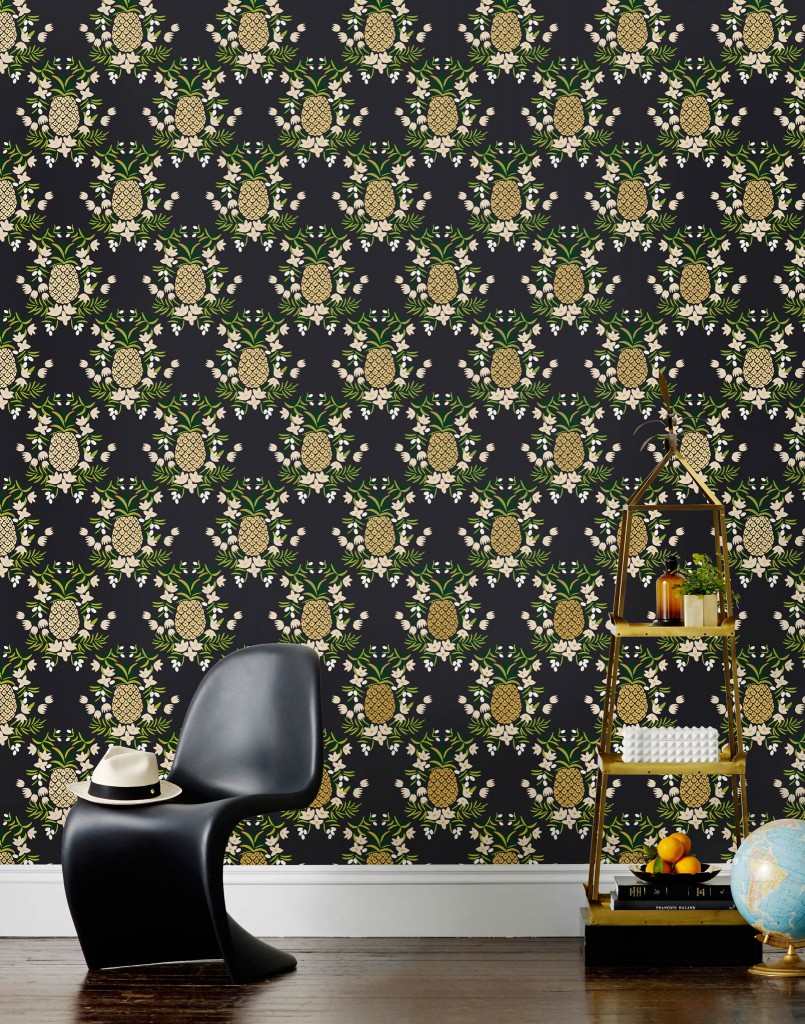 How to incorporate the tropical trend into your interior. Rifle Pineapple print wallpaper, Ebony.