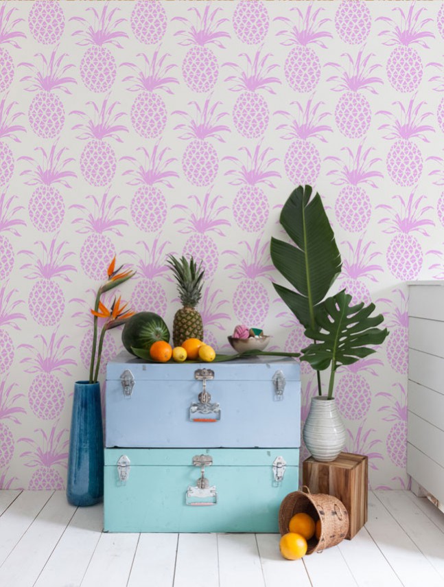 Incorporating the tropiclal trend into your interior featuring Pina Sola wallpaper by Aimee Wilder in sola orchid. 