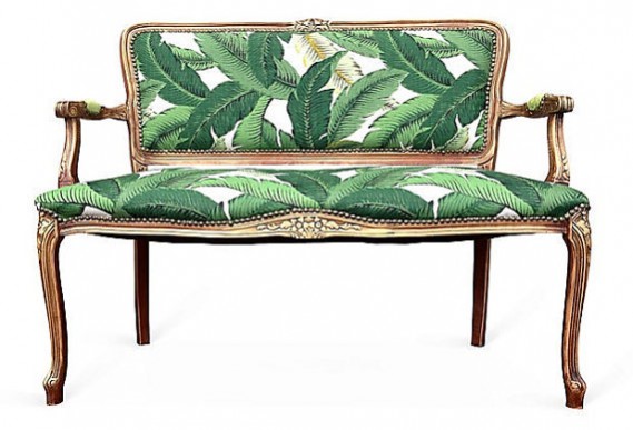 How to incorporate the tropical trned into your interior. French Settee Loveseat Love Seat Dining Chairs Upholstered in Green White Palm Leaves Fabric Butterfly Butterflies Upholstery Tropical