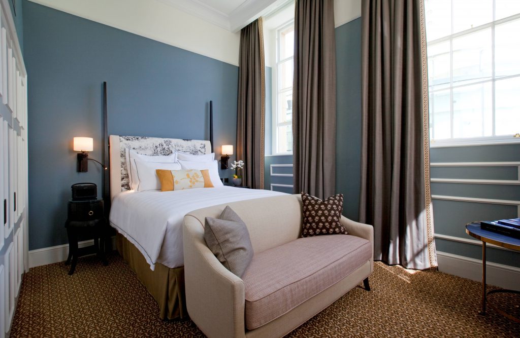 The Gainsborough Hotel Bath & spa hotel. BA Hons Heritage interior design project case study: NDA student Claire Truman. The Gainsborough Bath Spa, Grade II listed buildings turned into a five-star spa hotel project. One of the x99 guest bedrooms. image: EPR Architects.