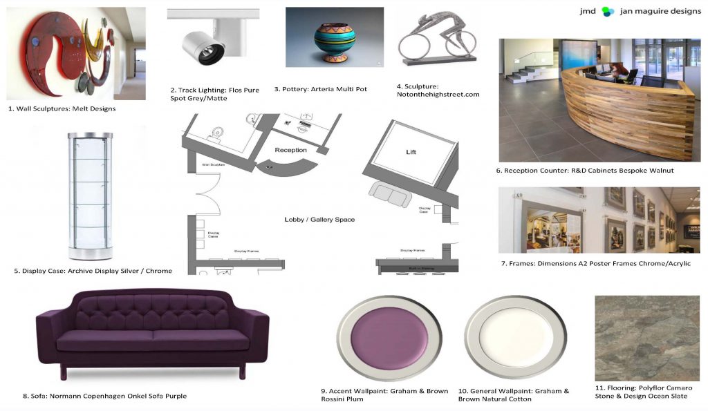 BA Hons Interior Design degree Student Case study Jan Maguire: Reception Gallery Presentation Board.