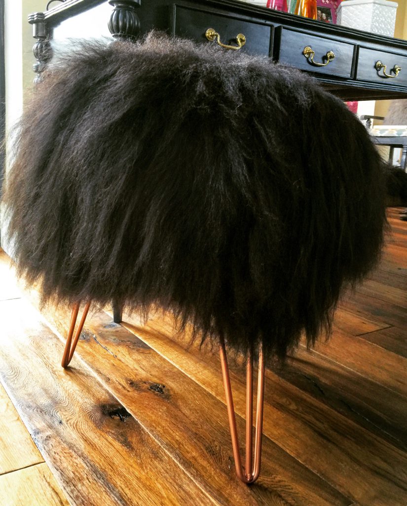 The NDA chat to Julia from Luxury Interior brand Suburban Salon. One of her new product designs: The Icelandic Sheepskin Stool with Copper Hairpin legs
