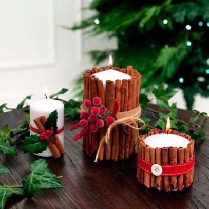 NDA's Crafting at Christmas: How-to Christmas Crafts: Christmas lighting can be easily achieved by decorating candles with cinnamon sticks and berries for a festive touch.