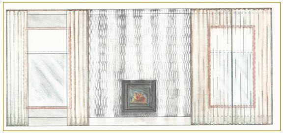 technical drawing, curtains and fireplace