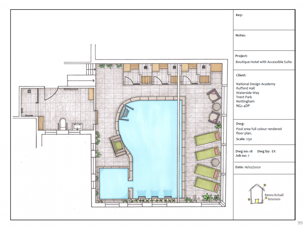 Boutique Hotel Pool area fully rendered floor plan